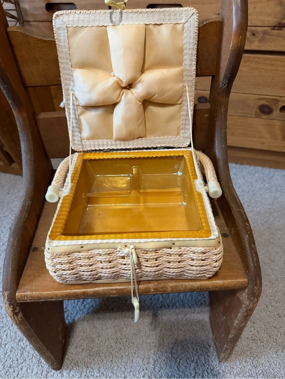 Woven Straw Sewing Basket with Cream Scenic Fabric Top